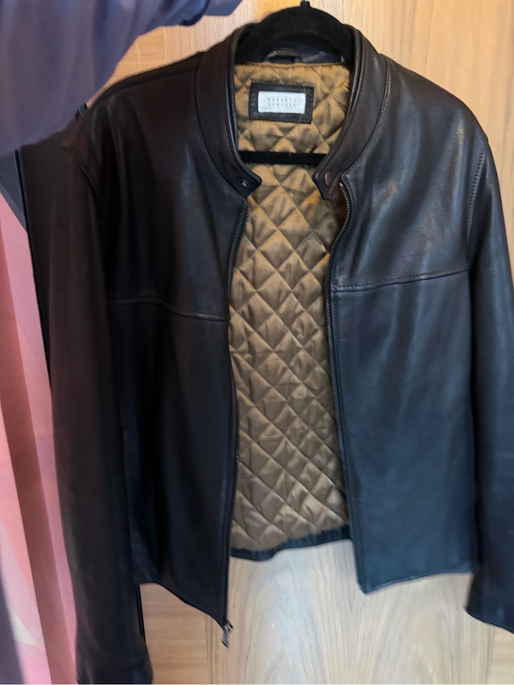 Barneys New York Black Leather Jacket with Quilted Tan Lining